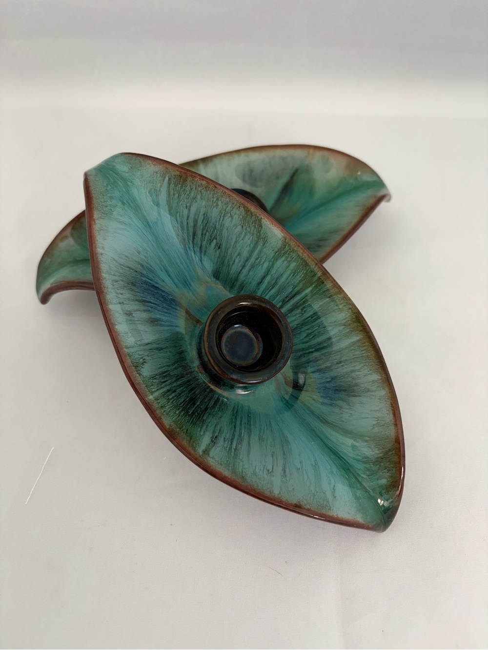 MCM Blue Mountain Pottery Leaf Candle Holder Pair